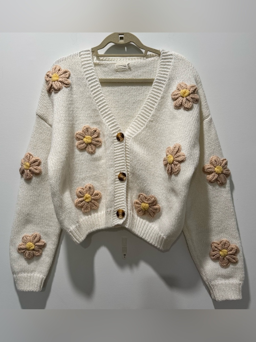 Dreamers by Debut Ivory Cardigan with Beige and Yellow Flower Appliqués